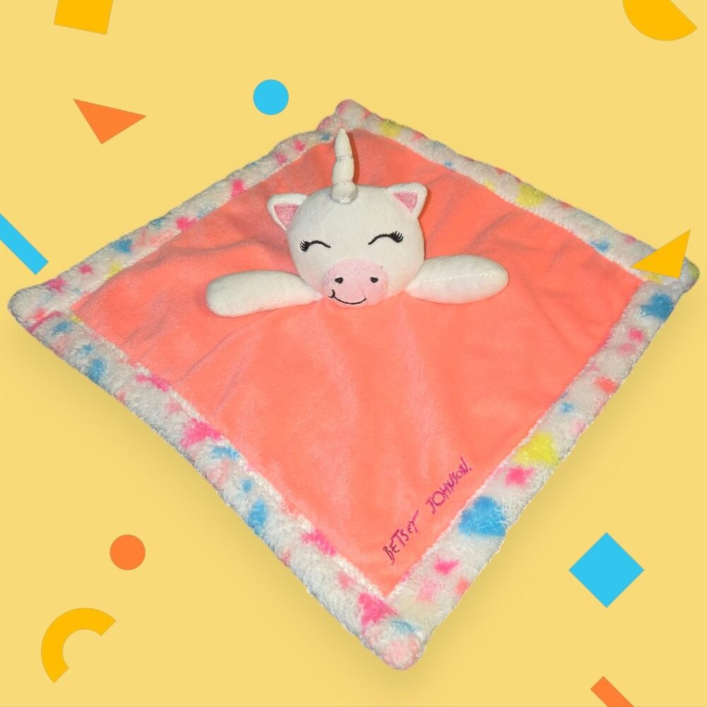 Betsey Johnson Unicorn Lovey Security Blanket 13" Square Reversibile Logo Tag